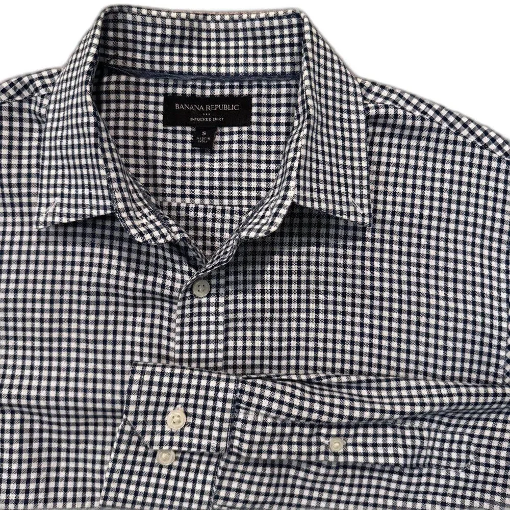 Banana Republic Men’s Small Untucked Shirt Blue White Gingham 100% Cotton